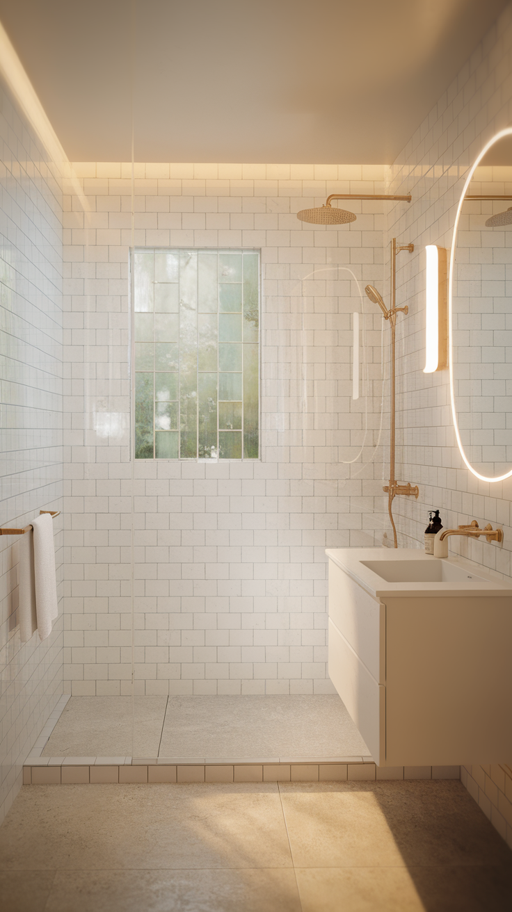 Minimalist bathroom featuring gold and white design elements