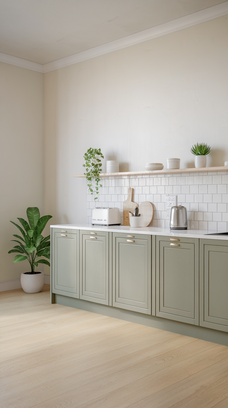 A minimalist Scandinavian kitchen featuring sage green cabinets, wooden flooring, and plants.