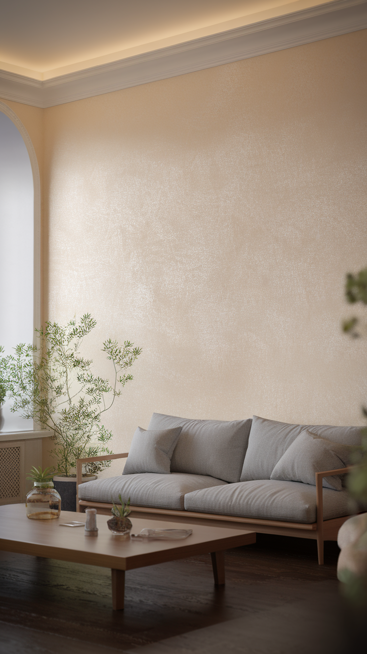 A minimalist living room with textured beige wallpaper, a gray sofa, and potted plants.