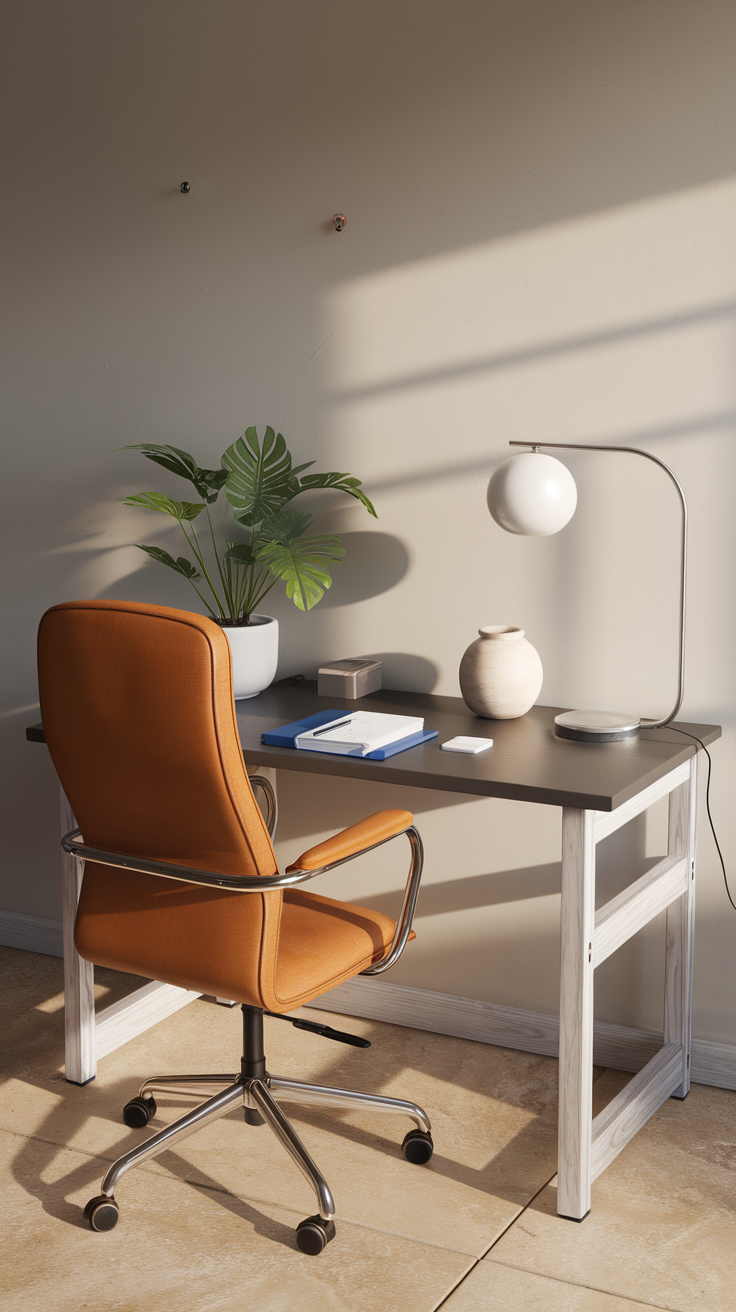 A minimalist workspace featuring a desk with a plant, lamp, and stationery, illuminated by natural light.