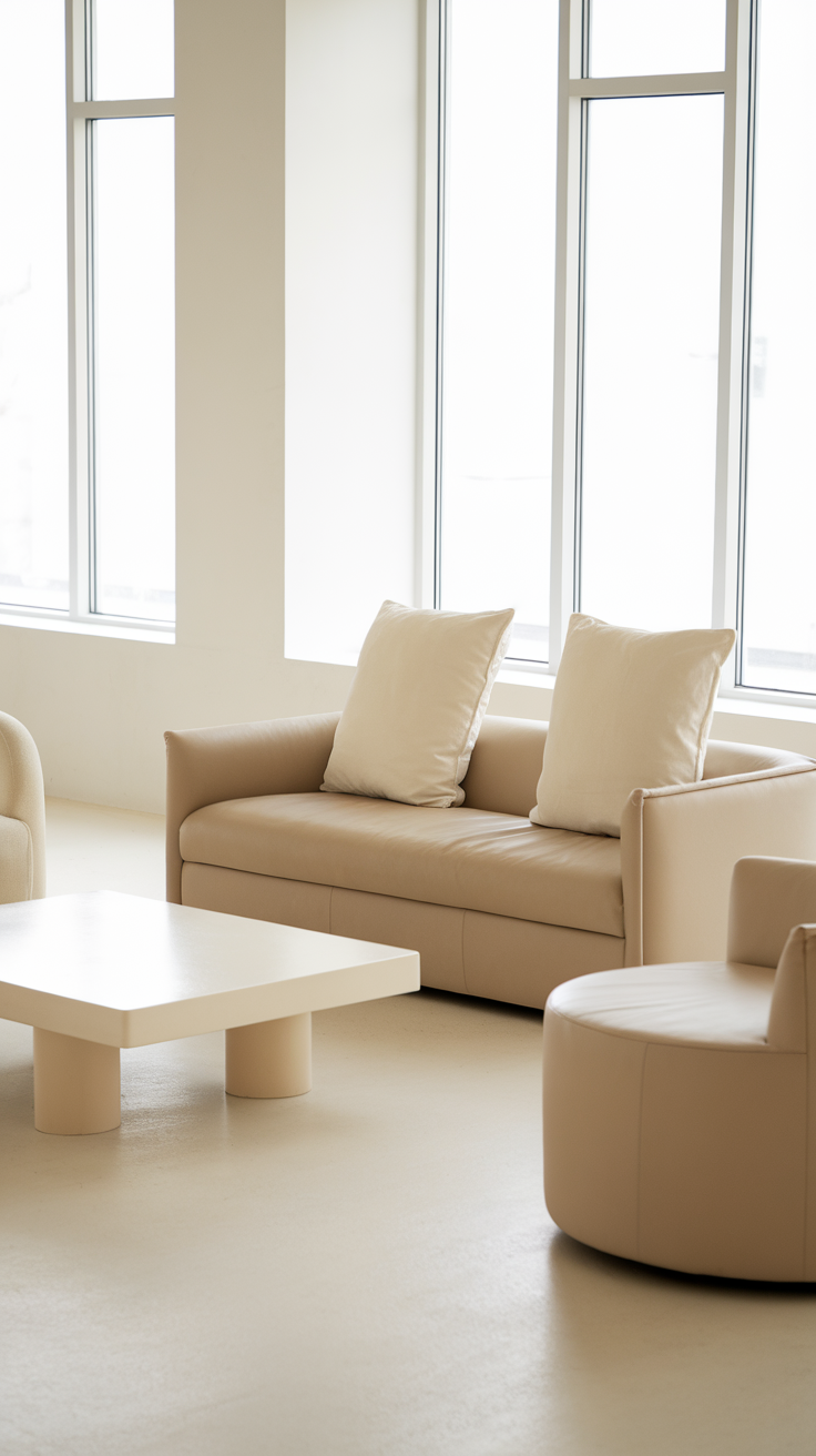 A minimalist living room featuring beige furniture and a white coffee table with large windows.