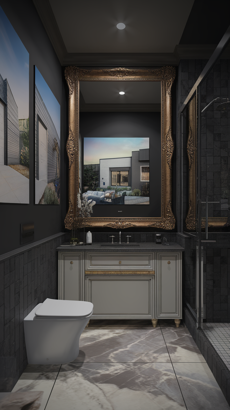 Stylish dark color bathroom featuring an ornate gold mirror and modern fixtures.