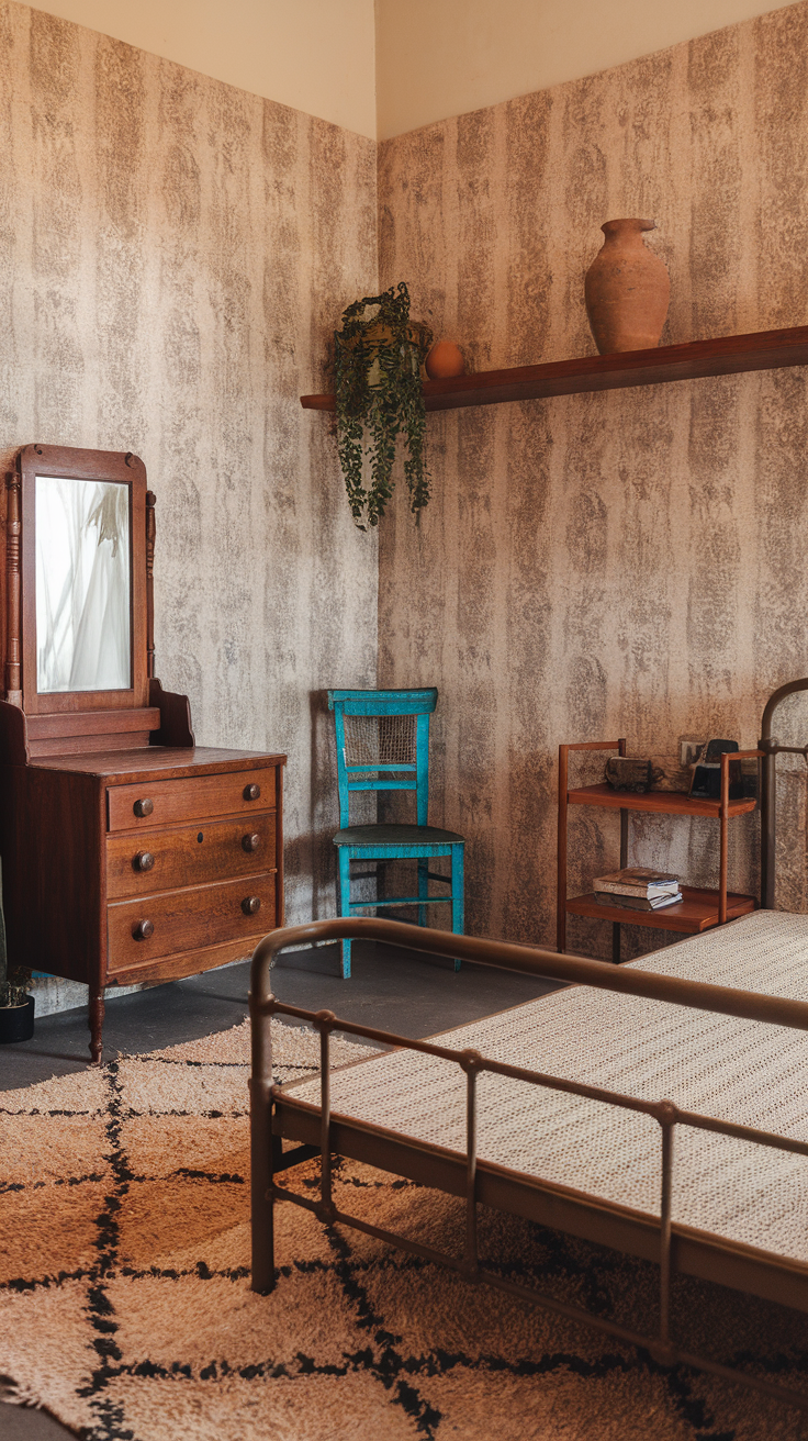 A cozy bedroom featuring mismatched furniture, including a classic wooden dresser, a vibrant blue chair, and a patterned rug.