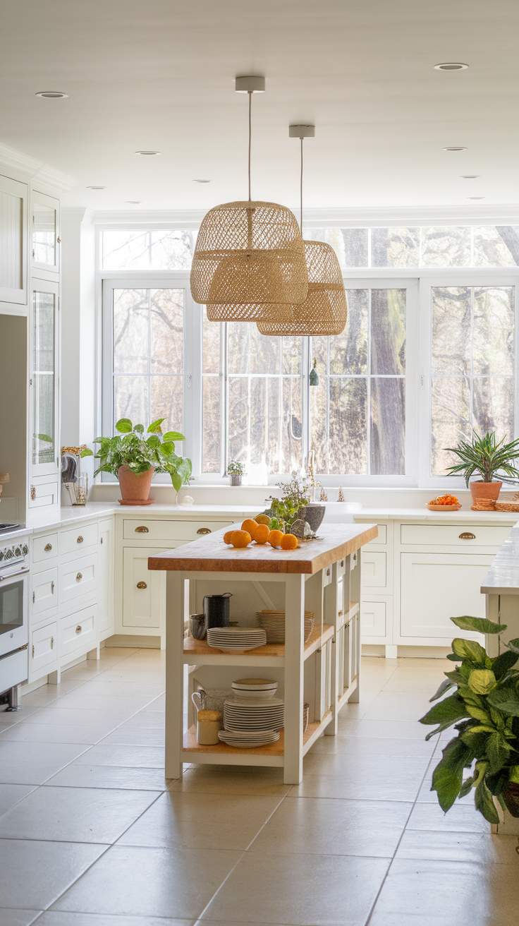 A bright kitchen with a natural wood island, white cabinetry, and hanging woven light fixtures.