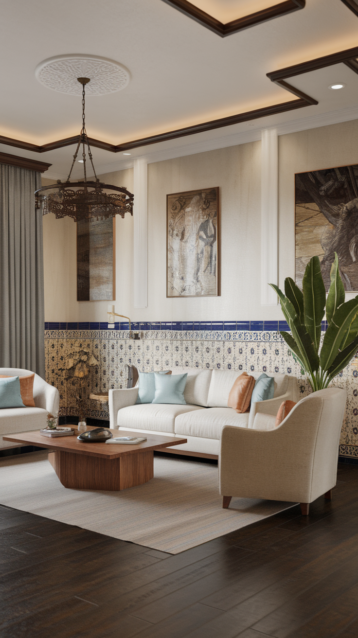 A stylish living room featuring modern furniture and traditional Spanish tile decor.