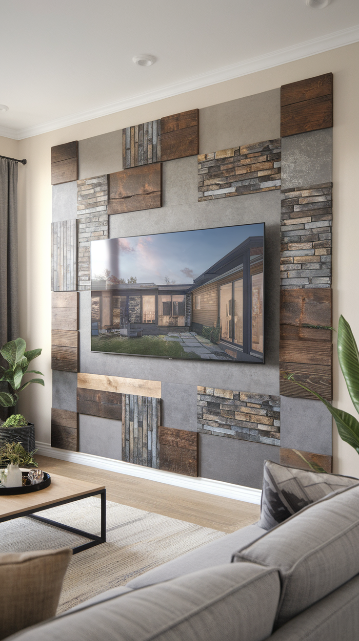 A living room with a TV mounted on a unique accent wall made of various materials like wood and stone.