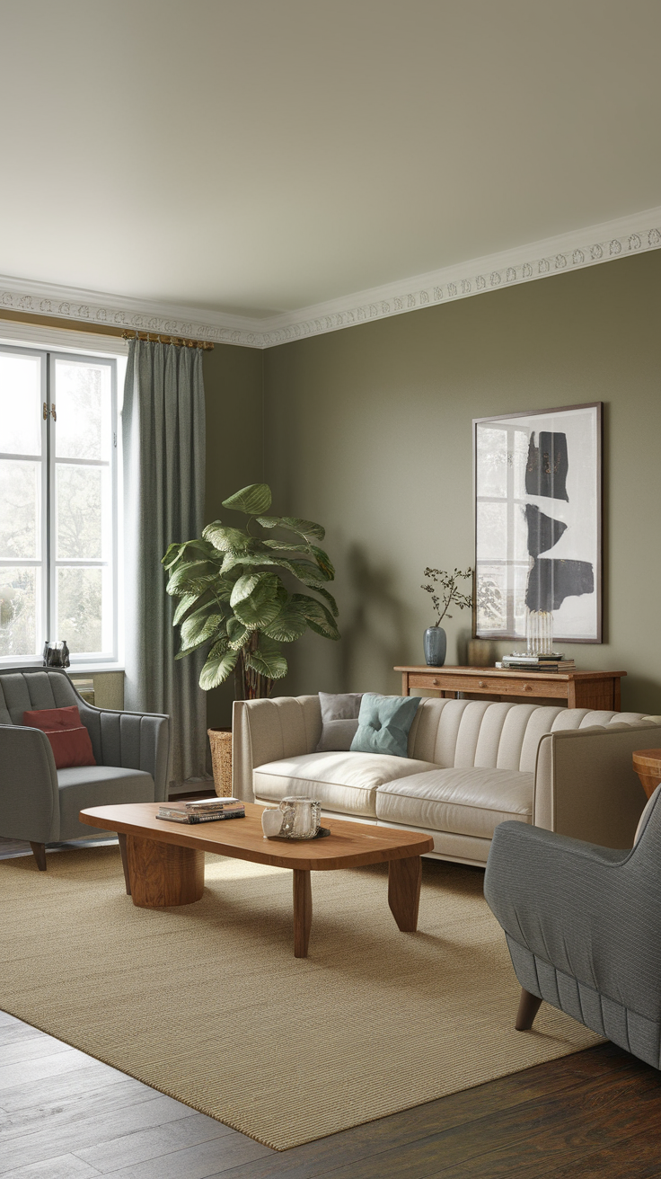 A cozy living room with sage green walls, modern furniture, and traditional elements.