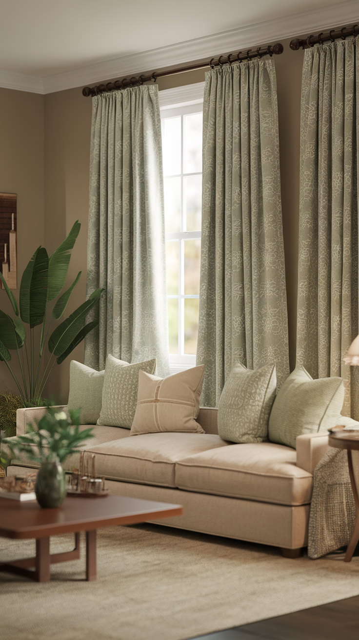 Cozy living room with sage green curtains and various textured cushions on a beige sofa.