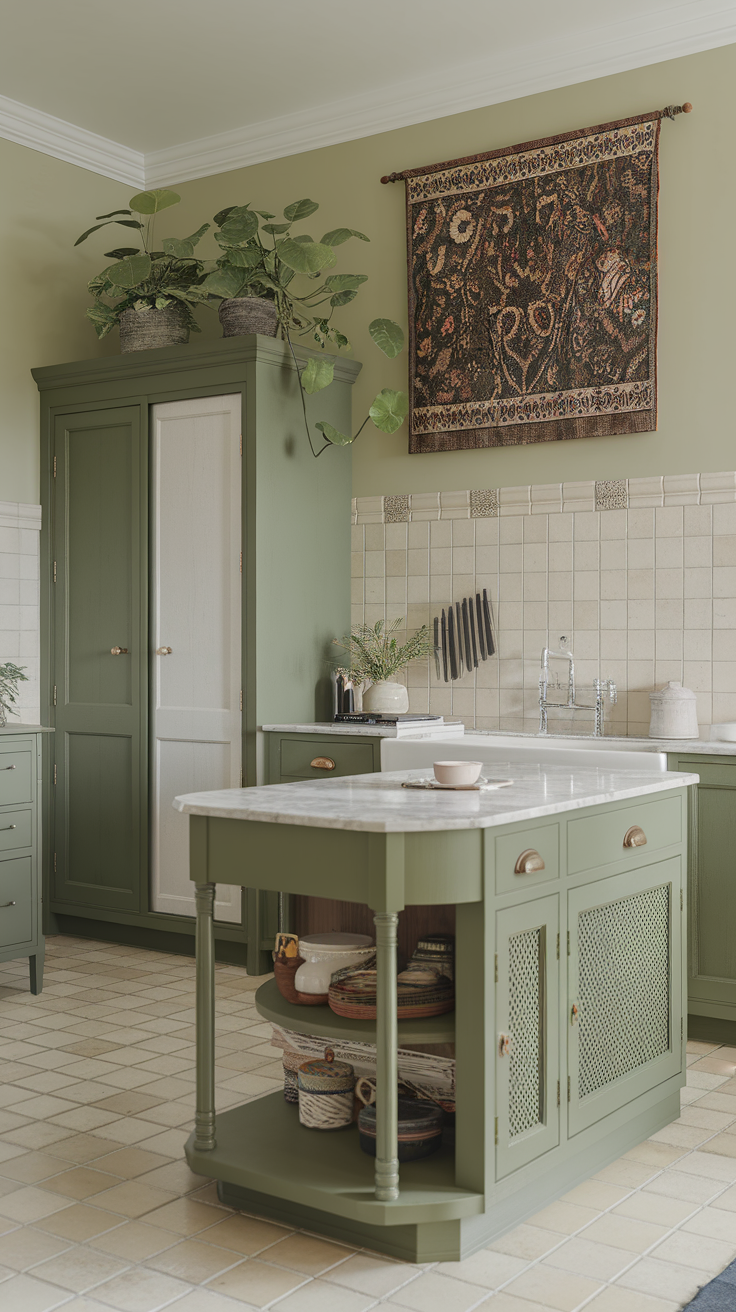 Chic kitchen featuring sage green cabinets and a patterned wall hanging