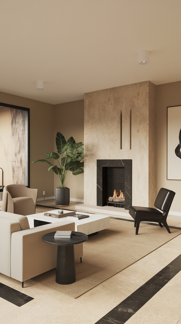 A modern beige and black fireplace in a stylish living room with a cozy atmosphere.