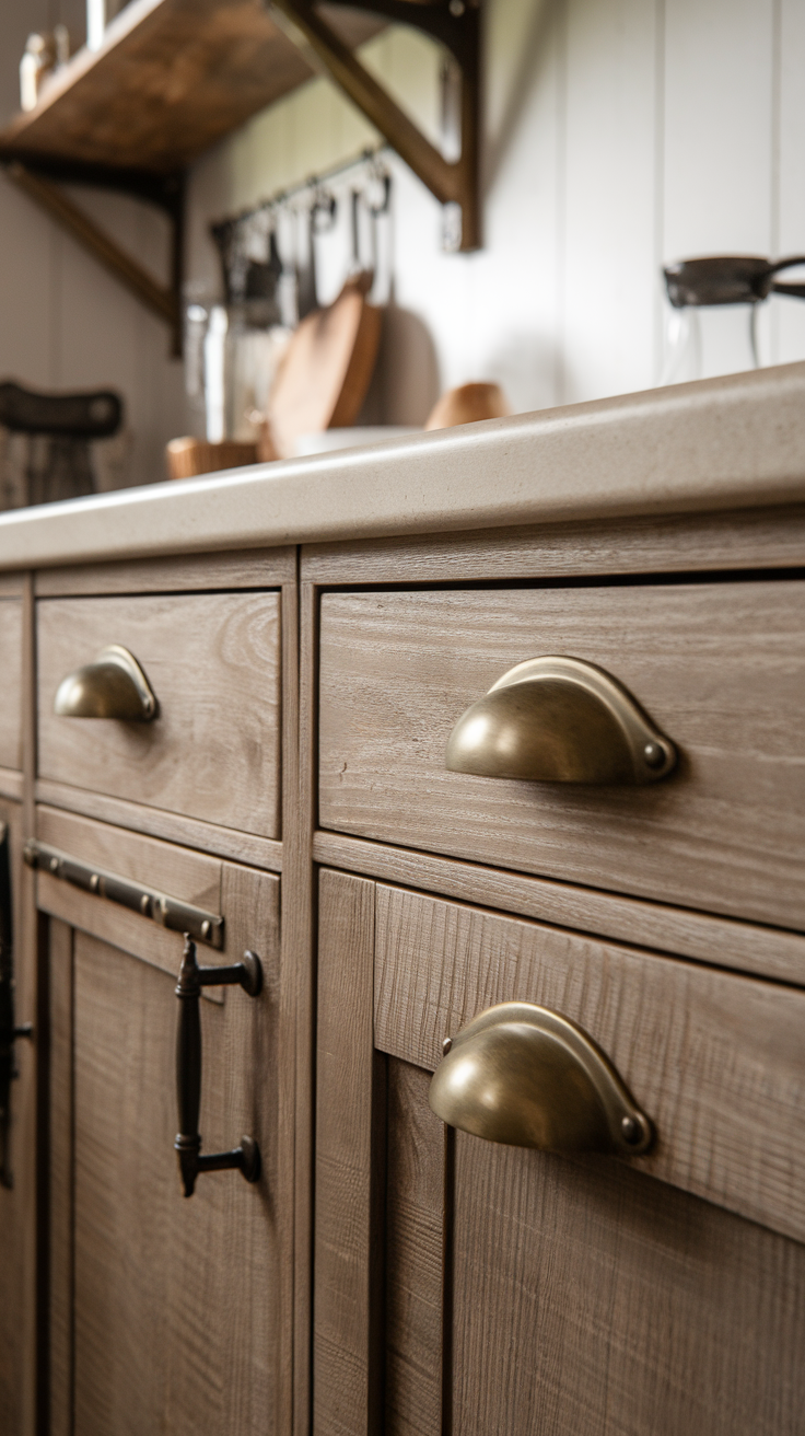 Close-up of modern farmhouse kitchen hardware with black and brass finishes