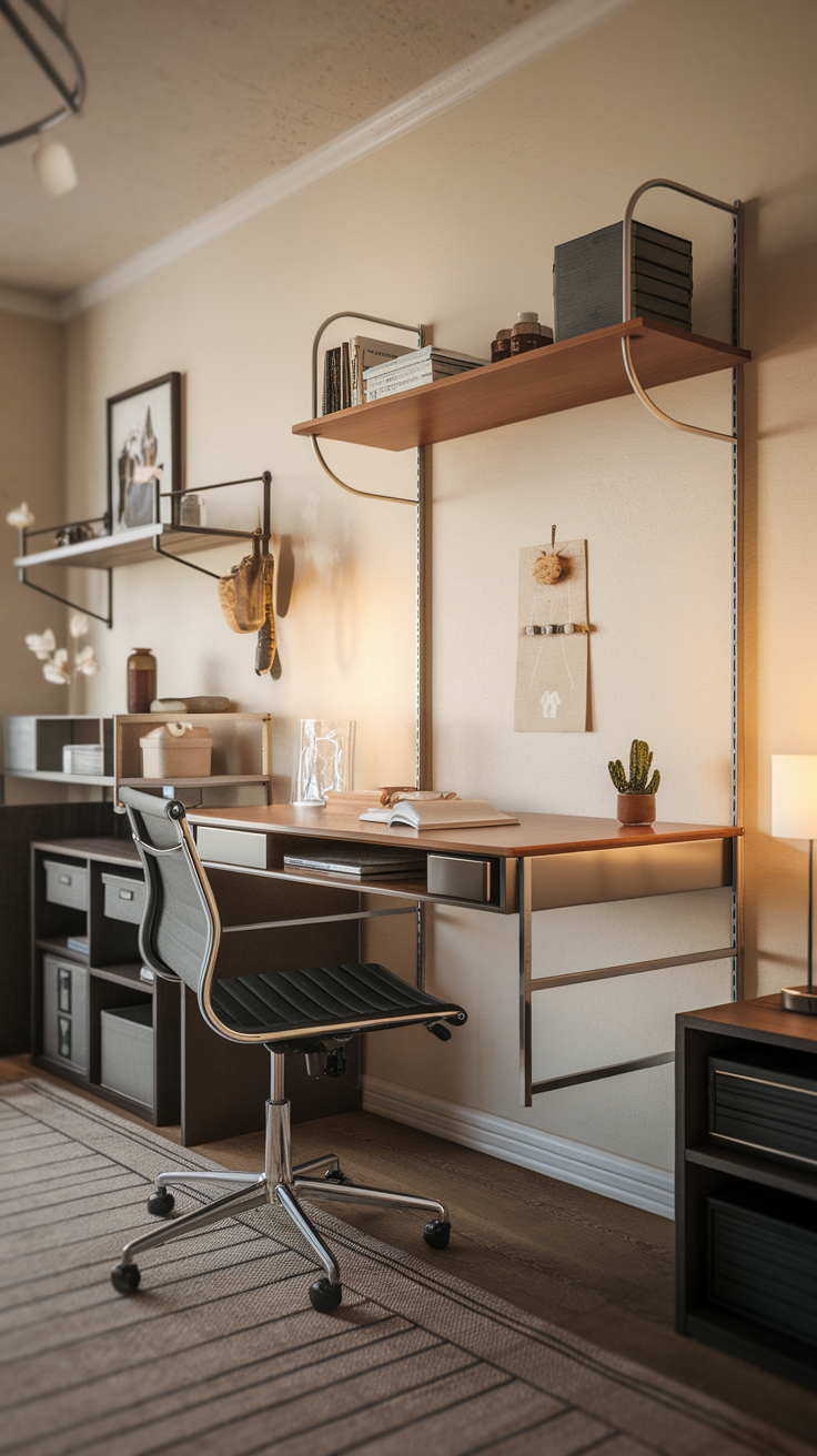 A modern floating desk with shelves, chair, and decorative items in a cozy workspace.