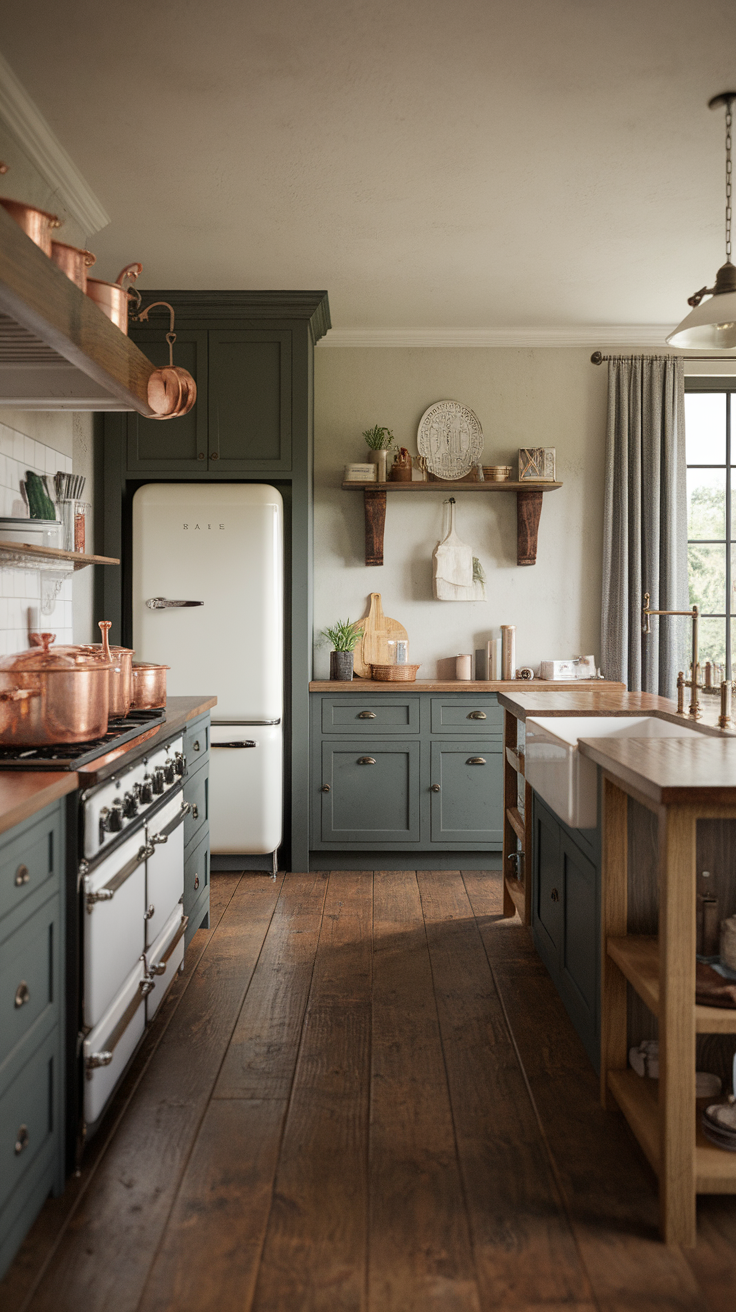 Modern rustic kitchen featuring forest green cabinets and wooden accents