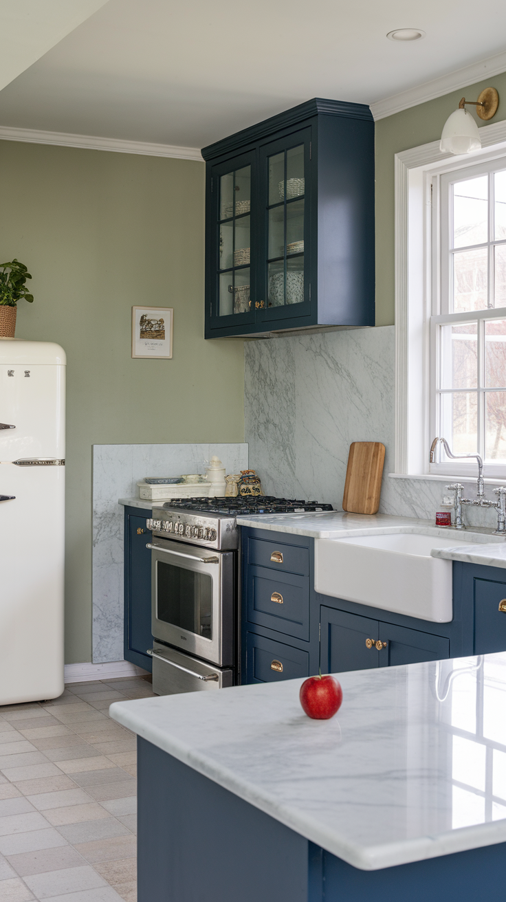 A kitchen featuring sage green walls and navy blue cabinets with a marble countertop.