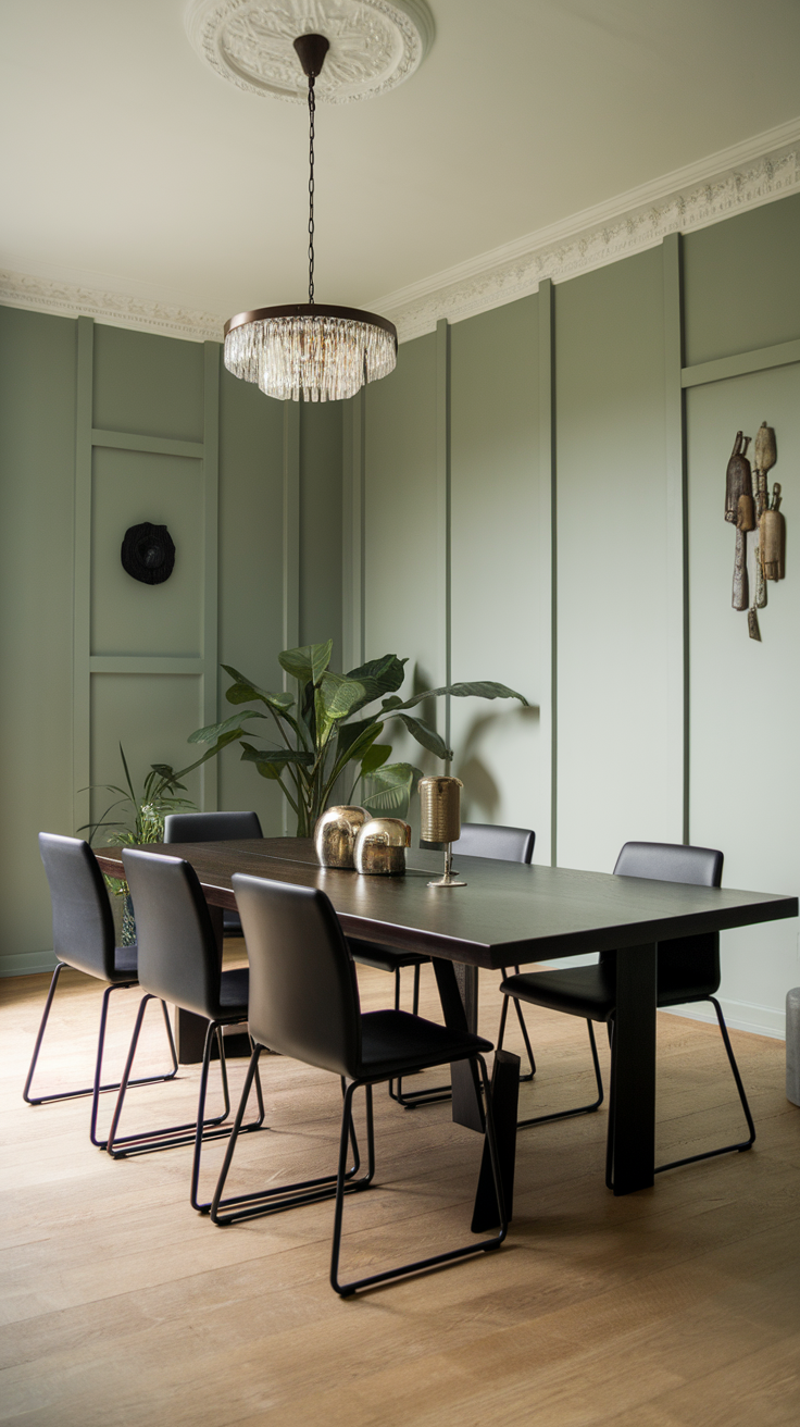 A modern dining room with sage green walls, a large dark table, and black chairs.