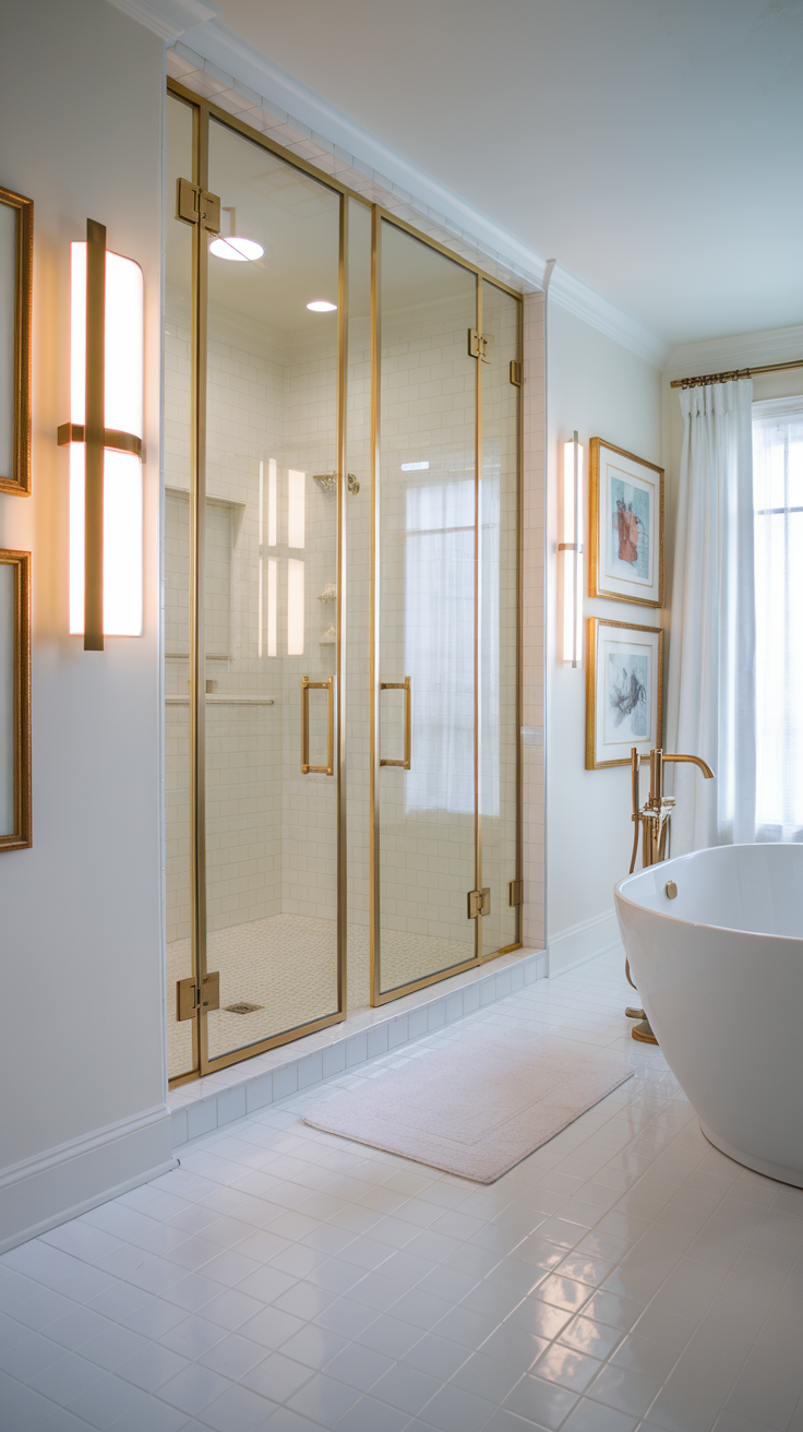 A modern bathroom showcasing a white and gold aesthetic with a glass shower and freestanding bathtub.