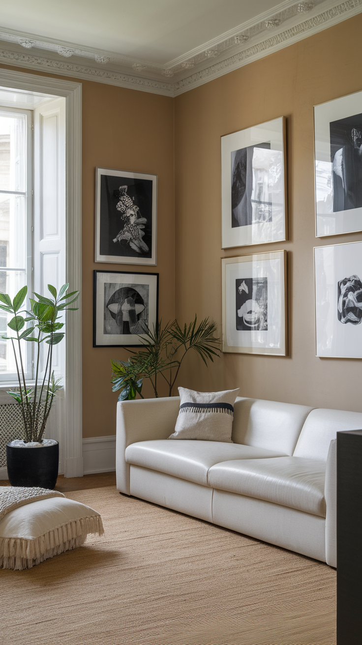 A beige living room featuring black and white art on the walls, a white sofa, and green plants.