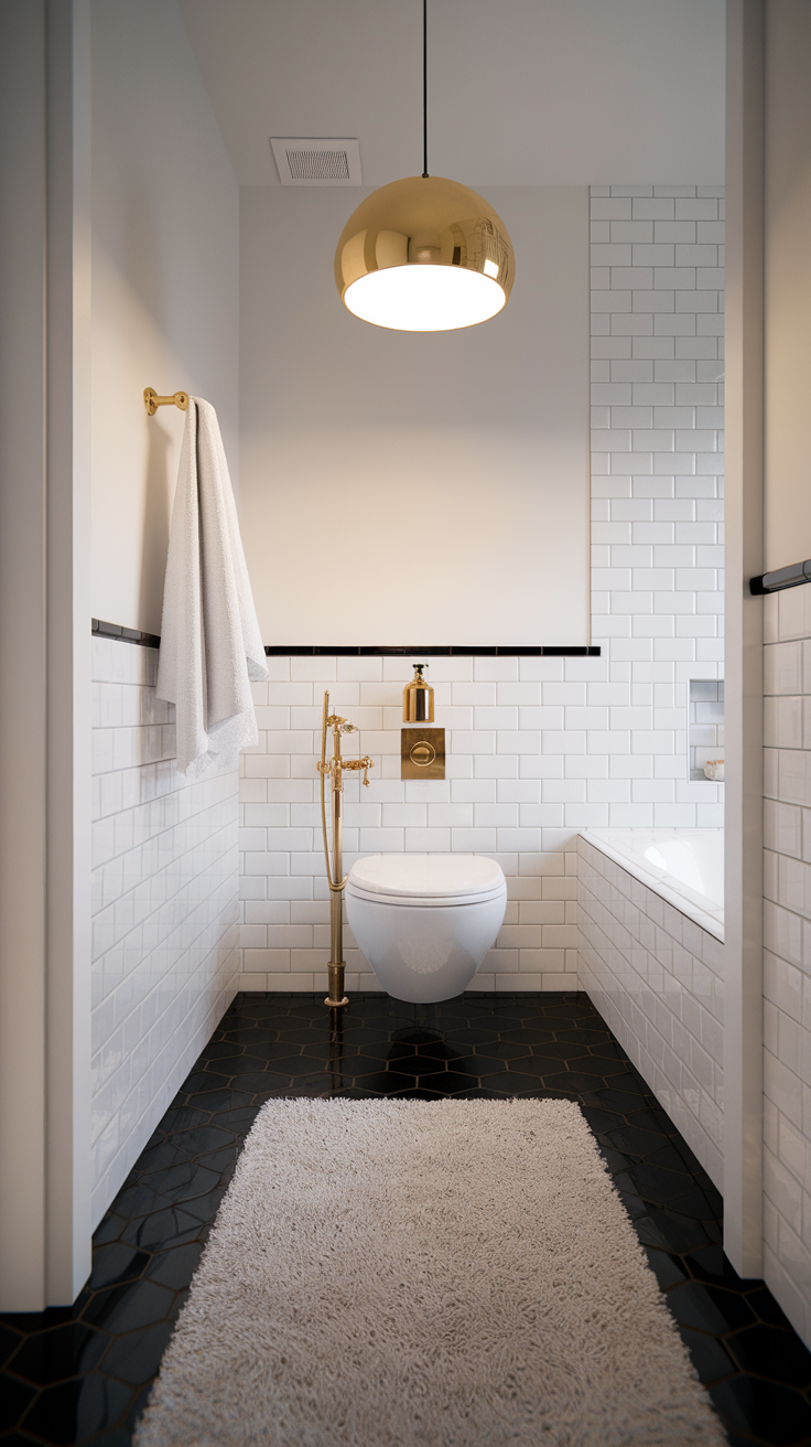 Stylish Black & Gold bathroom with golden fixtures and modern design elements.