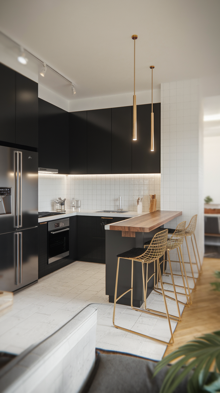 Modern black and gold kitchen with sleek cabinetry and stylish bar stools