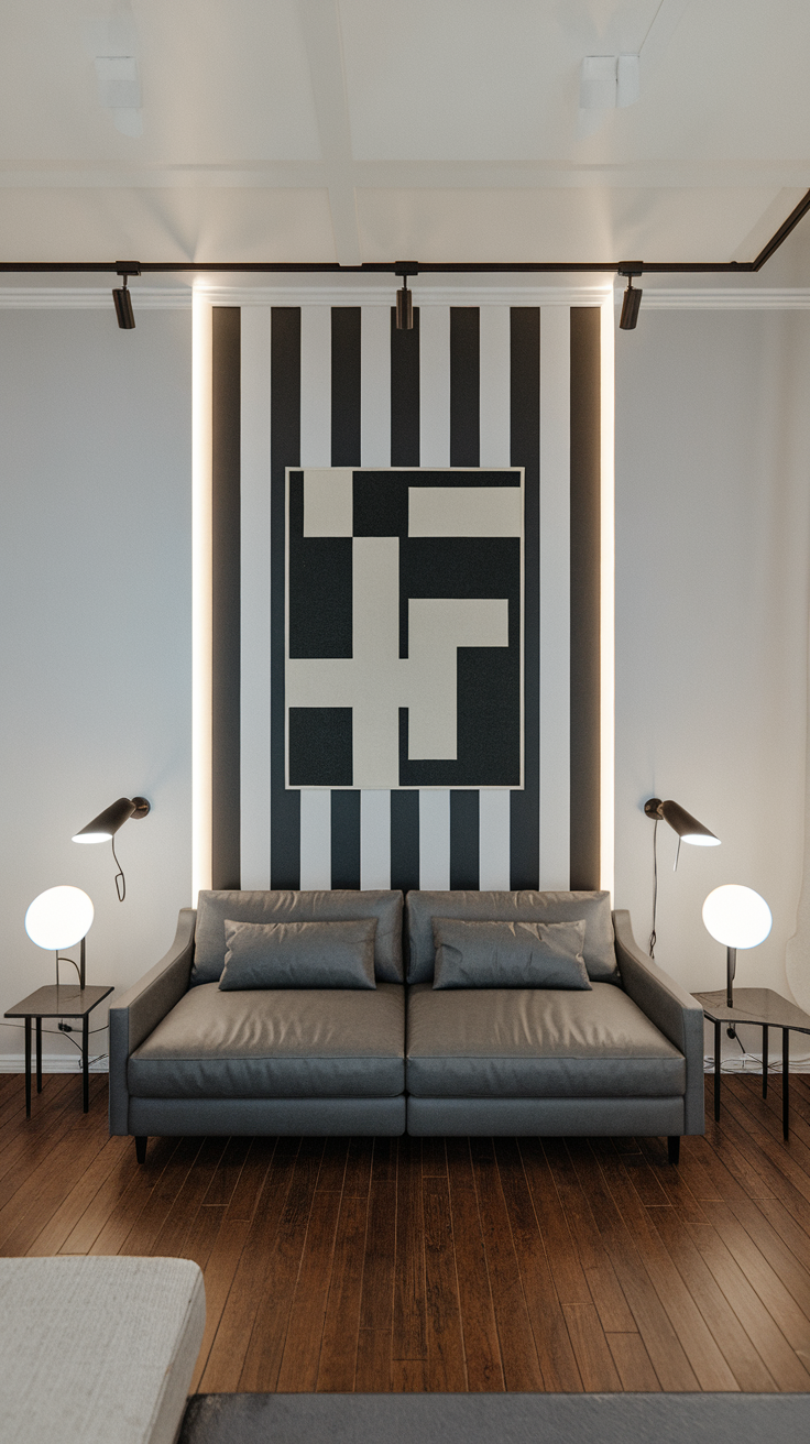 Modern living room with monochrome striped accent wall and grey sofa.