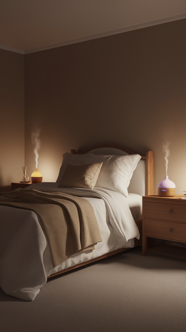 A cozy bedroom with essential oil diffusers emitting mist beside a neatly made bed.