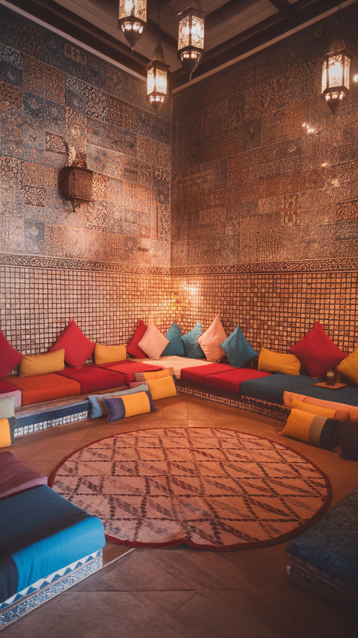 A vibrant living room featuring intricate Moroccan tile patterns on the walls, with colorful cushions and ambient lantern lighting.