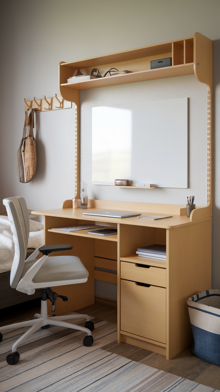 A multi-functional desk with built-in storage, featuring a spacious work area, shelves, and a whiteboard, perfect for a dorm room.