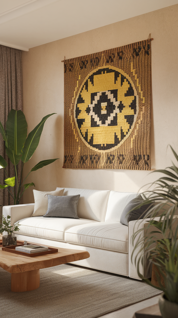 A woven native art piece displayed on a beige wall in a cozy living room