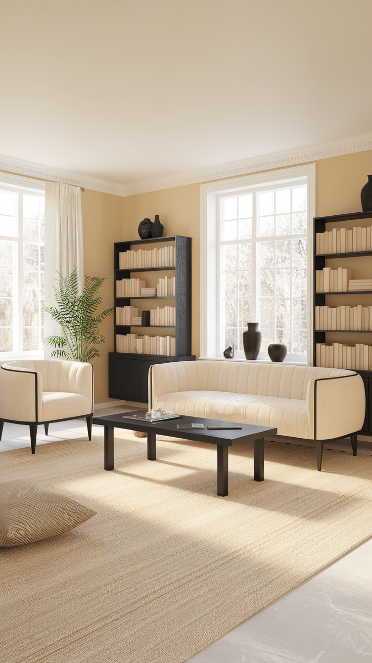 A stylish living room featuring beige and black furniture with large windows allowing natural light to fill the space.