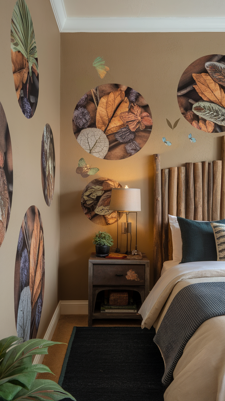 A cozy bedroom featuring nature-inspired wall art with circular images of leaves and flowers.