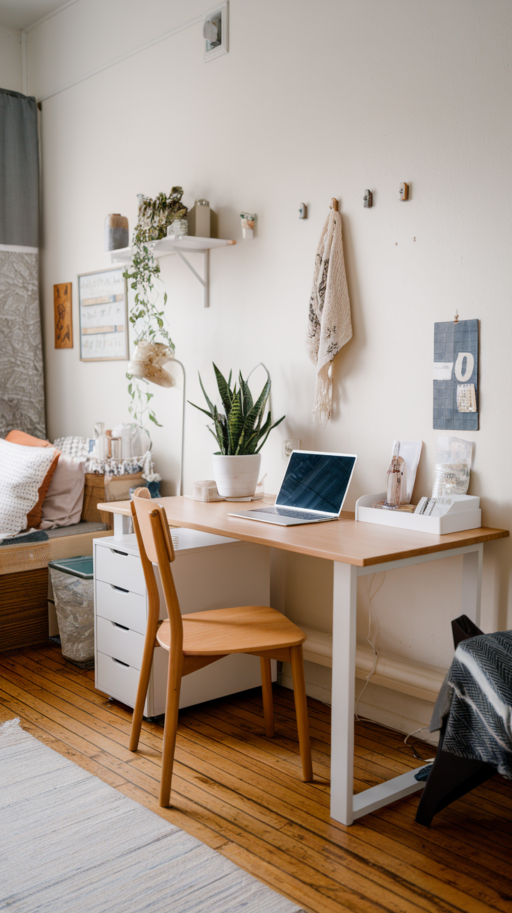 A neat Scandinavian desk with a laptop, organized stationery, and a potted plant in a cozy dorm room setting.