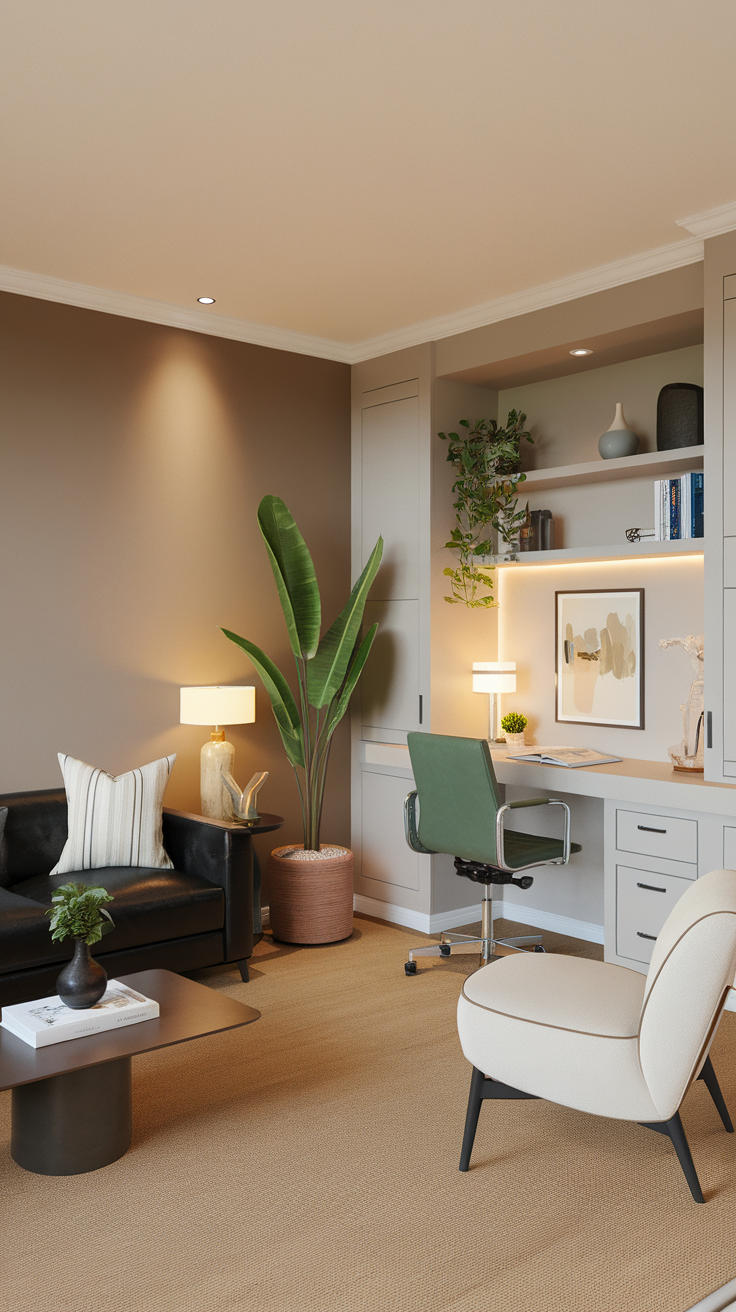 Stylish office corner with green chair, plants, and modern decor