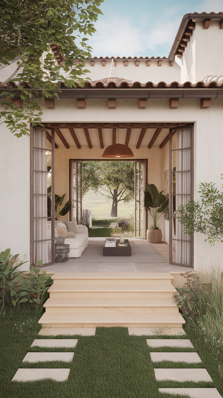 Open air layout with a living room that connects to a garden through large glass doors