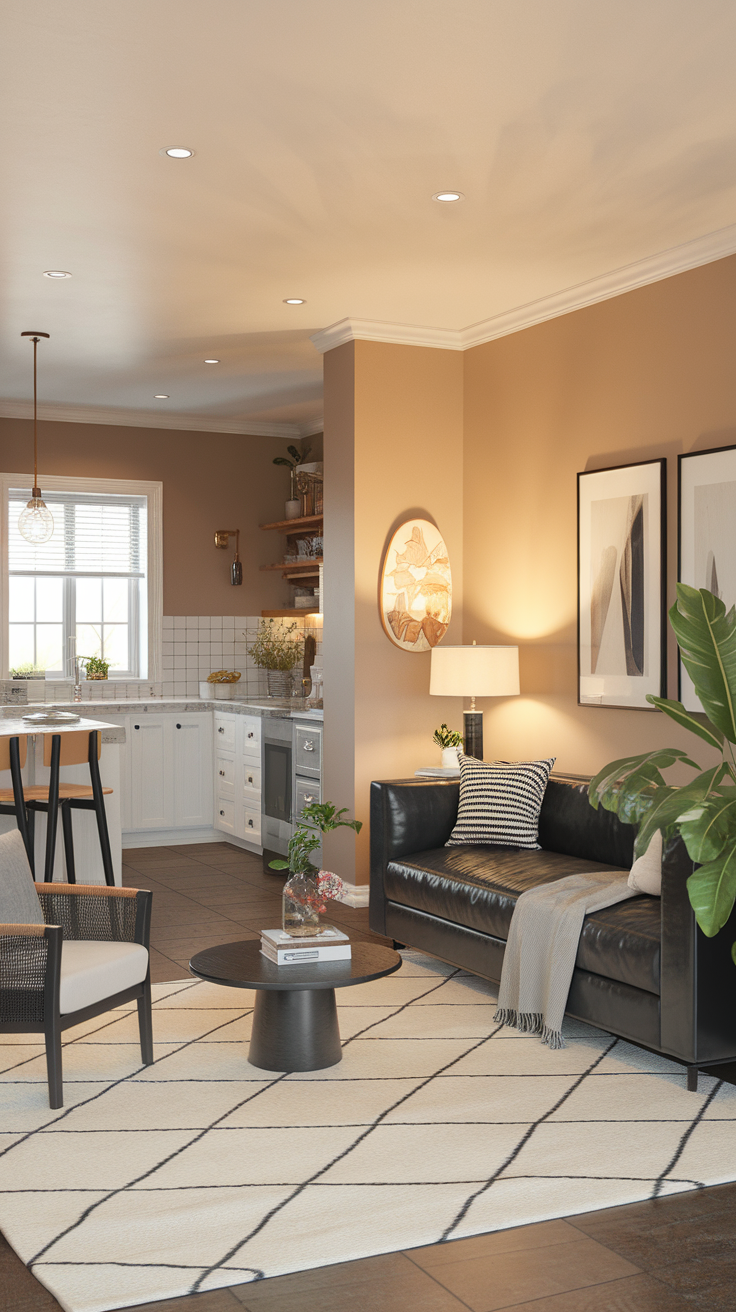 A cozy living room featuring a black leather sofa, beige walls, and a geometric black and white rug.