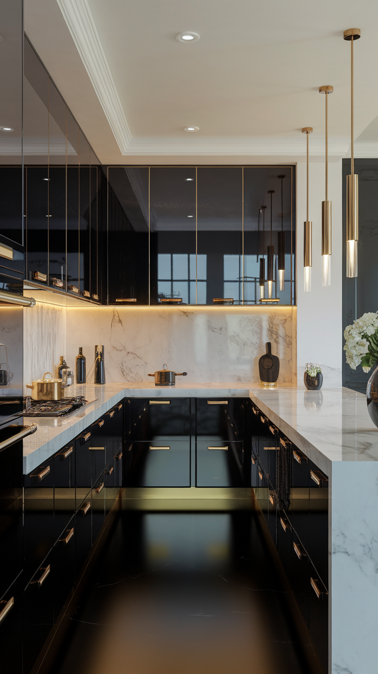 Modern black and gold kitchen with sleek cabinetry and elegant lighting.