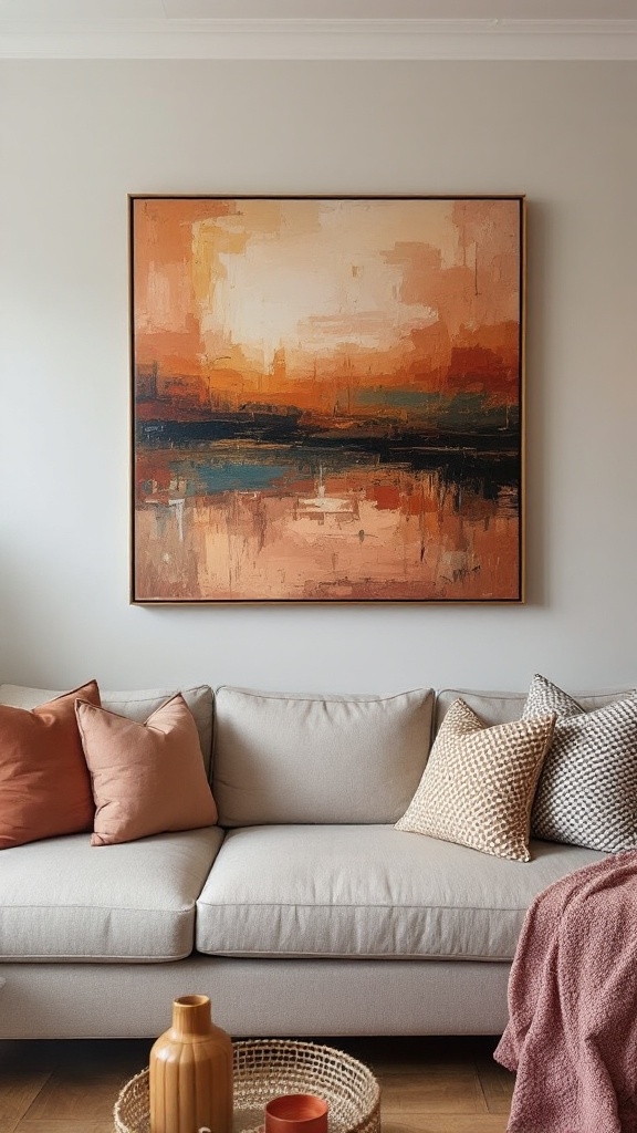 Living room with a beige couch adorned with cushions and a colorful abstract painting above.