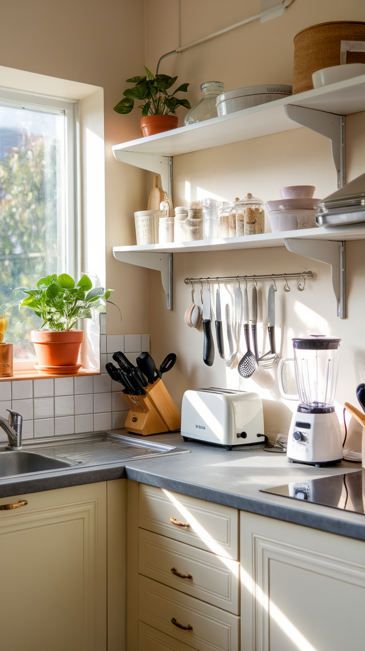 Cozy kitchen corner with open shelves, plants, and organized utensils