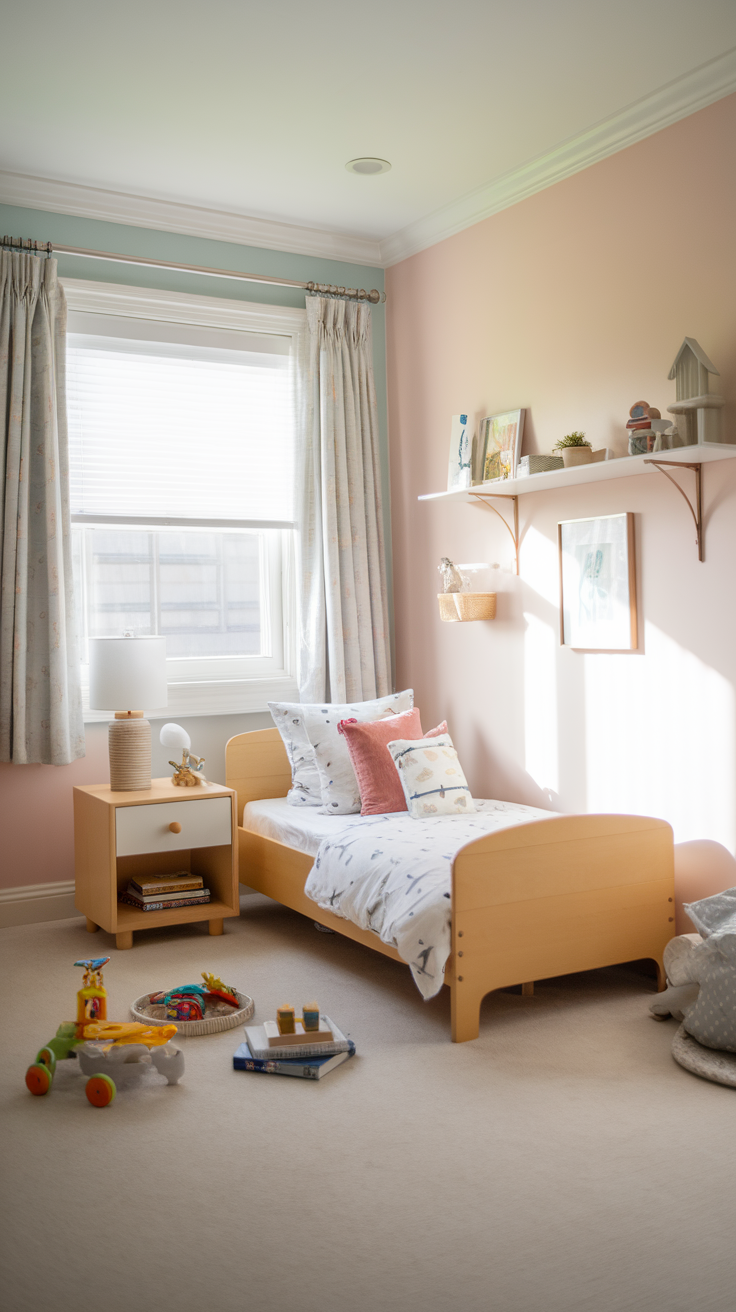 A toddler's bedroom featuring a single bed, nightstand, and toys on the floor.