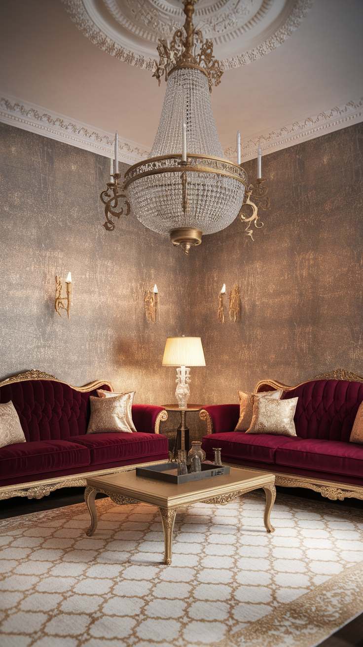 A luxurious living room featuring deep red sofas, a sparkling chandelier, and elegant wallpaper.