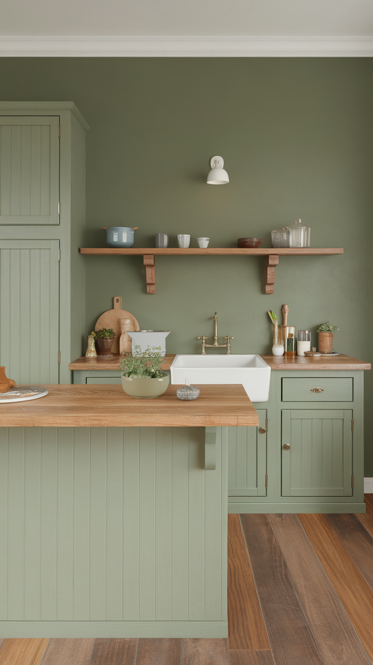 Chic kitchen featuring sage green cabinetry and natural wood elements.