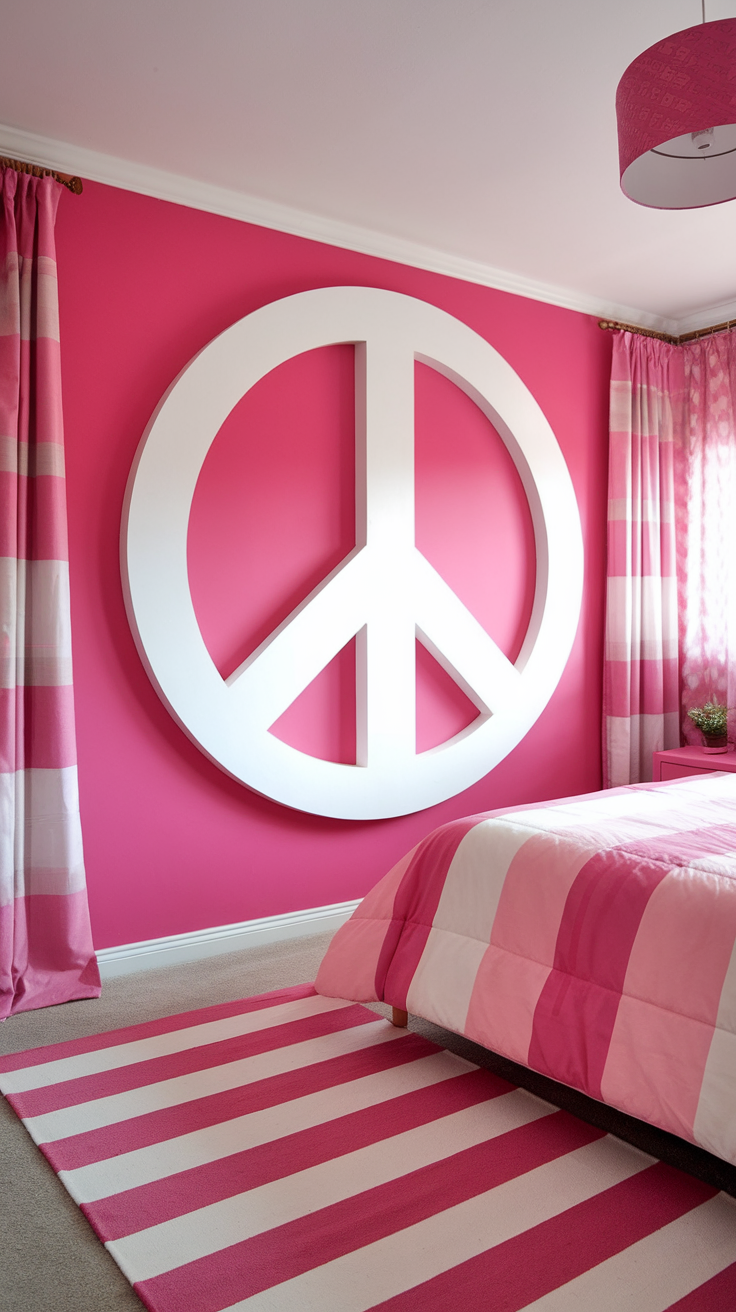 A bright bedroom featuring a large white peace symbol on a pink wall, striped curtains, and a matching rug.