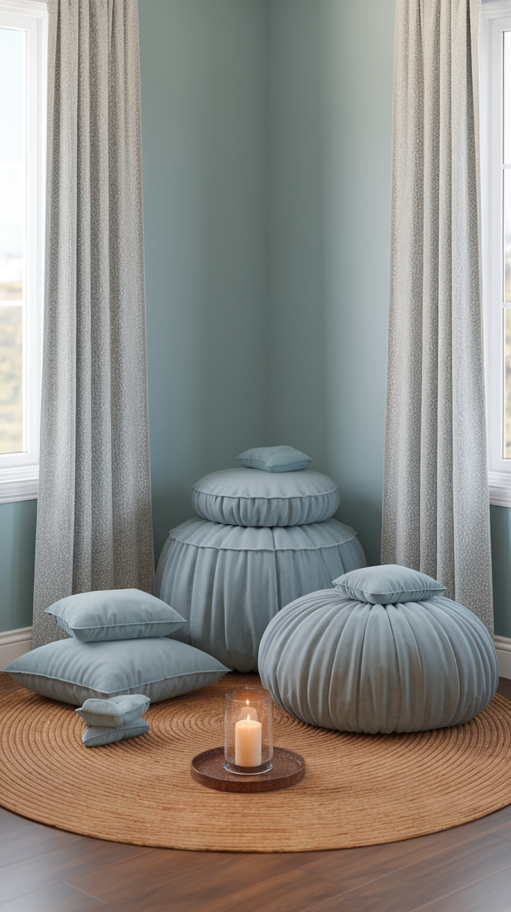 A peaceful meditation space with cushions and a candle on a round rug.