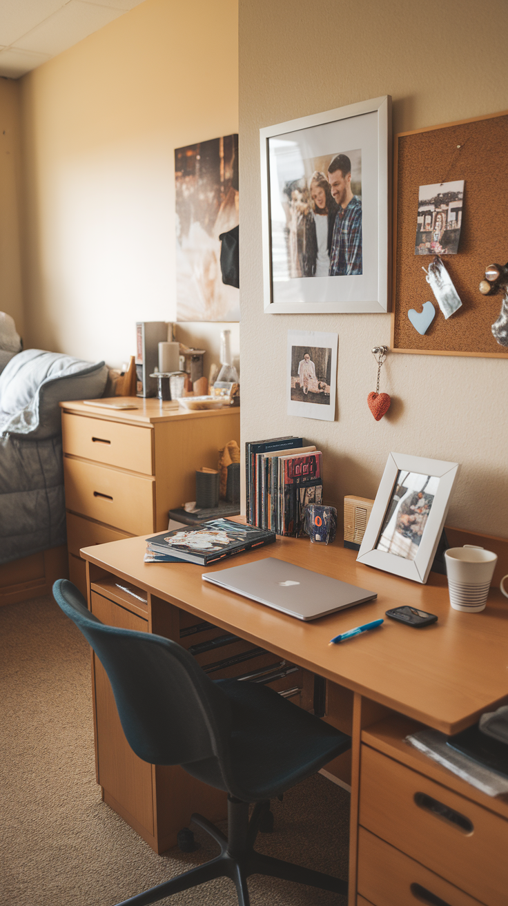 A wooden dorm room desk with family photos, a laptop, and personal items, creating a cozy study space.