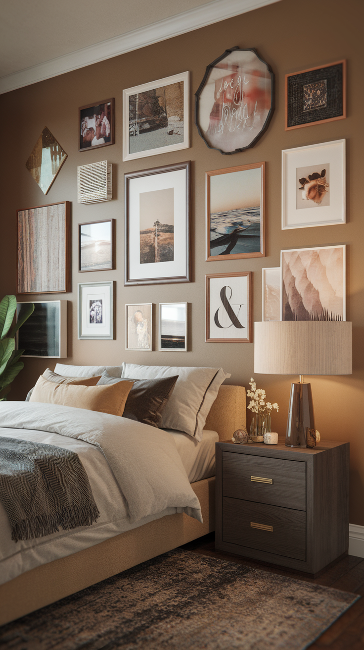 Cozy bedroom with a personalized gallery wall featuring various framed photos and artwork.