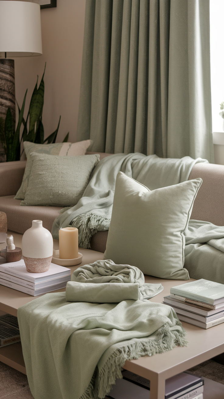 A cozy living room setup featuring sage green textiles, including pillows and throws, on a sofa and coffee table.