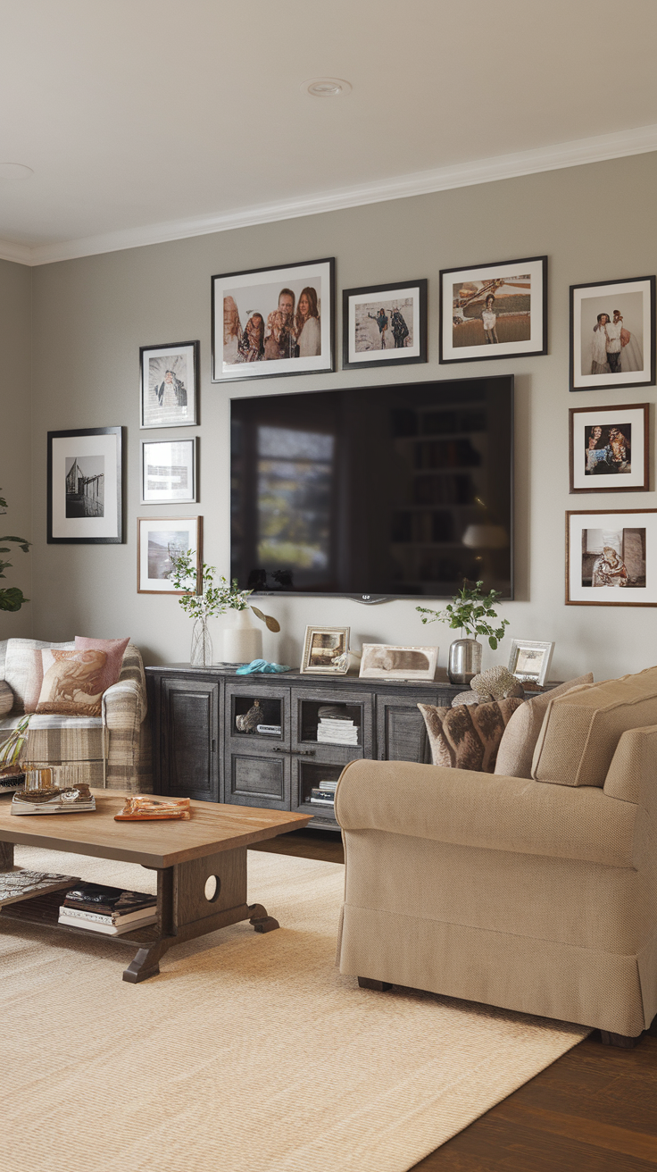 A living room with a TV wall surrounded by family photos in frames.