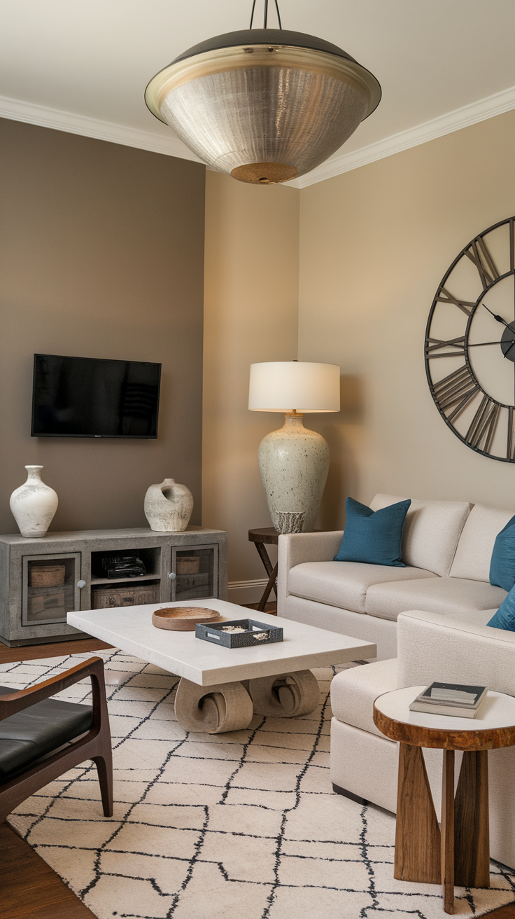 A cozy living room with a large lamp, vases, and a TV on a dark accent wall