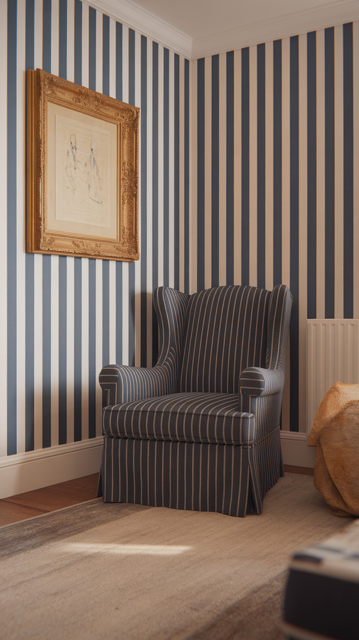 A cozy living room corner featuring a striped accent wall and a wingback chair.