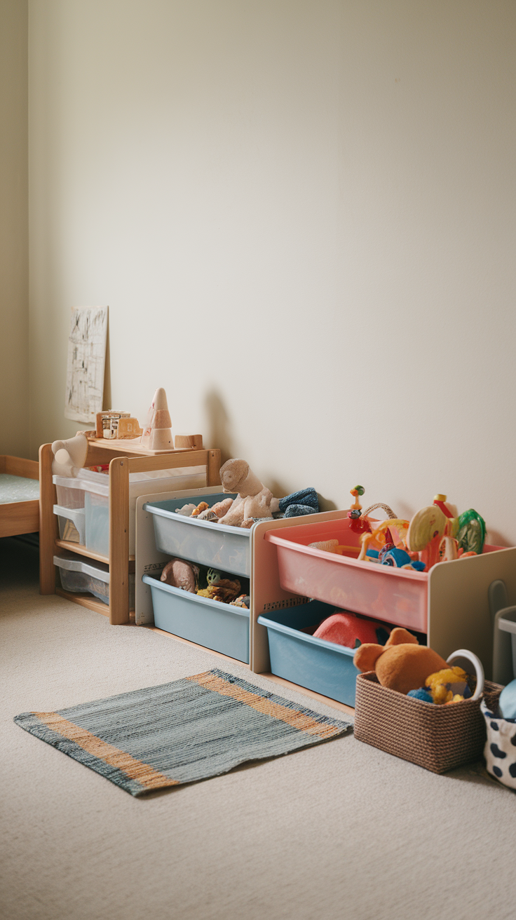 A toddler bedroom corner with organized toy storage and a cozy rug.