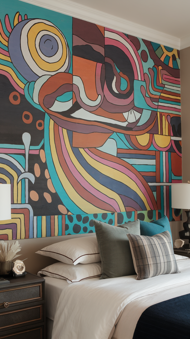 A colorful psychedelic mural in a modern bedroom with stylish bedding.